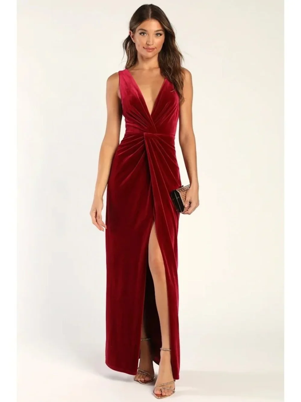 Lulus Evenings Wine Red Velvet Twist-Front Maxi Dress Long Gown M Velour Wedding